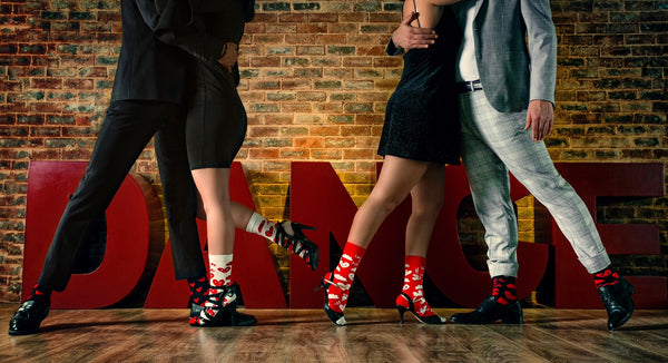 Tango Dancers / Models wearing our Valentine's Day Socks Collection - Love is in the air crew socks - from Tale of Socks