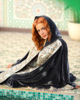 Molaya Kaftan - مولاية. Grey Velvet with Indian Embroidery. Moroccan Inspired