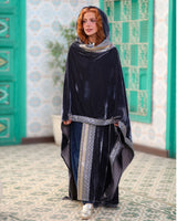 Jalila Kaftan - جليلة. Grey Velvet with Indian Embroidery. Moroccan Inspired.