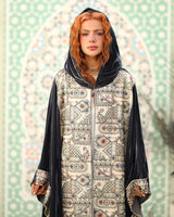 Molaya Kaftan - مولاية. Grey Velvet with Indian Embroidery. Moroccan Inspired