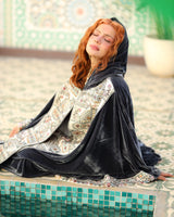Molaya Kaftan - مولاية. Grey Velvet with Indian Embroidery. Moroccan Inspired