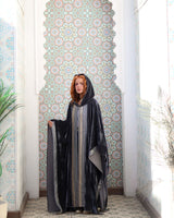 Jalila Kaftan - جليلة. Grey Velvet with Indian Embroidery. Moroccan Inspired.