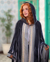 Jalila Kaftan - جليلة. Grey Velvet with Indian Embroidery. Moroccan Inspired.
