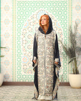 Molaya Kaftan - مولاية. Grey Velvet with Indian Embroidery. Moroccan Inspired