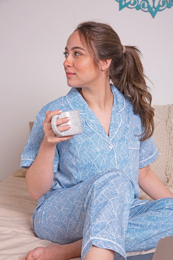 Blue Leaves Pajama Set For Her - Tale Of Socks