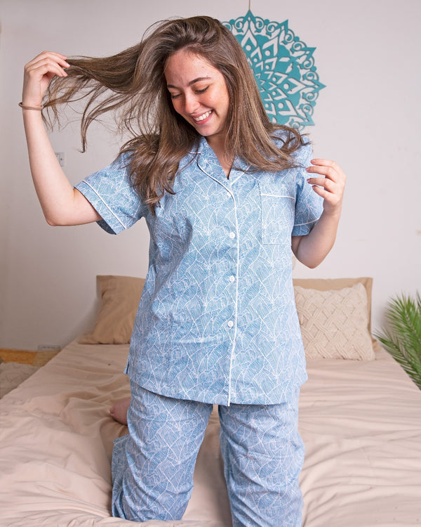 Blue Leaves Pajama Set For Her - Tale Of Socks