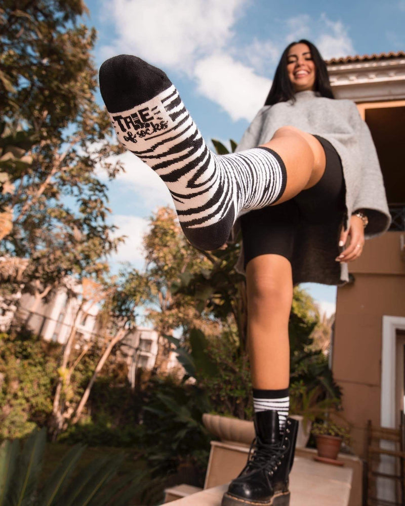 Zebra Pattern Crew Socks - Black and White - Tale Of Socks
